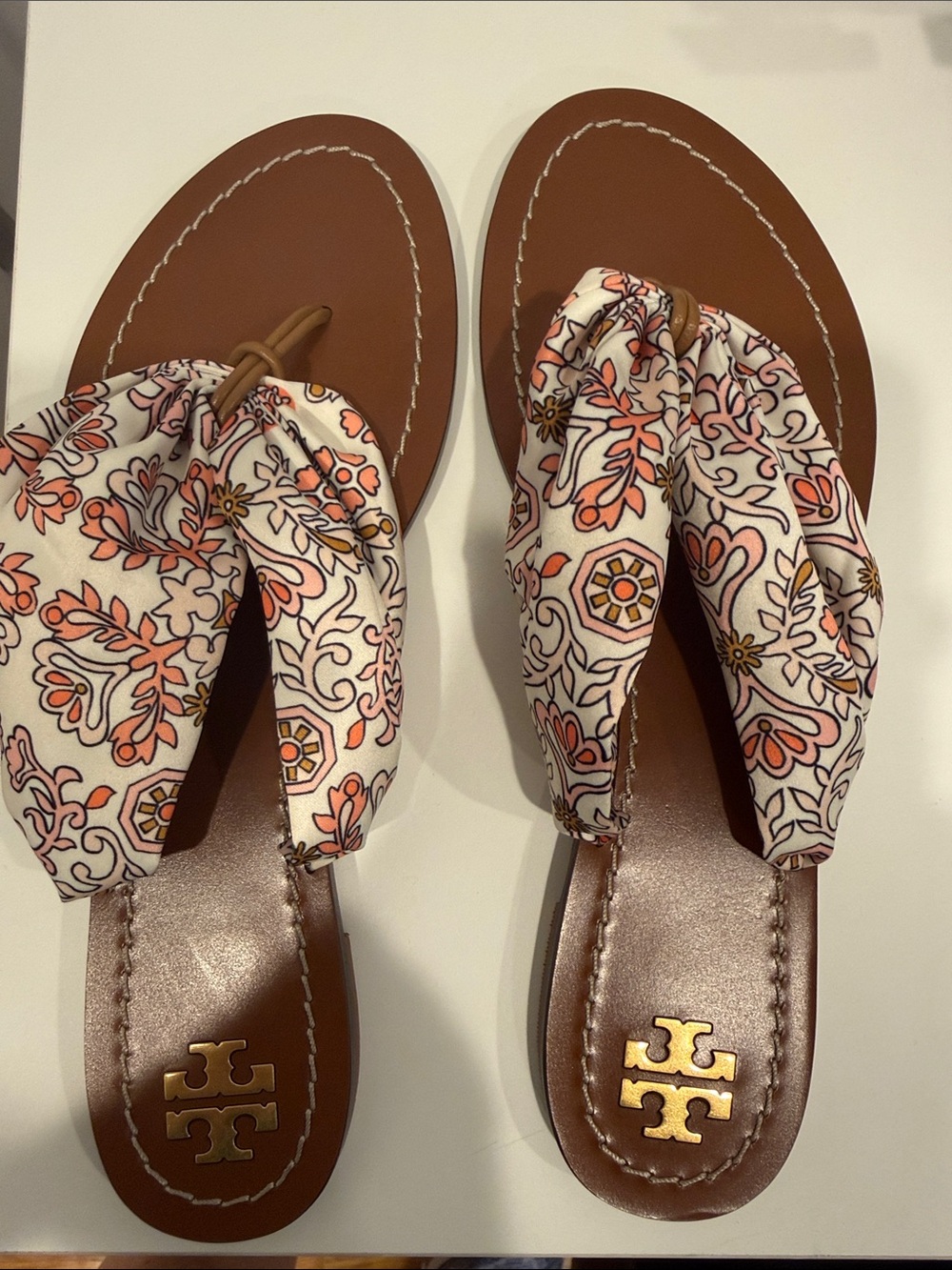 Tory Burch Brown Leather Sandals with White and Coral Floral Straps